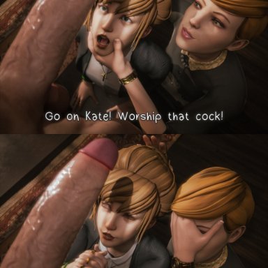 life is strange, kate marsh, victoria chase, currysfm, 1boy, 2girls, big penis, cock worship, female, female focus, fully clothed, funny, huge cock, human, human male