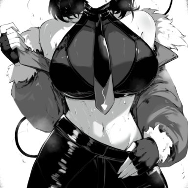 hoyoverse, mihoyo, zenless zone zero, jane doe (zenless zone zero), masoq095, 1girls, animal ears, asymmetrical legwear, big breasts, black hair, bob cut, busty, clothed, curves, curvy