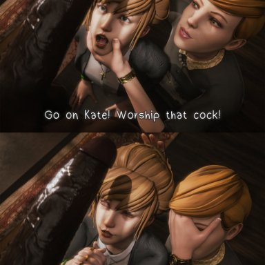 life is strange, kate marsh, victoria chase, currysfm, 1boy, 2girls, cock worship, dark skin, dark-skinned male, female, female focus, funny, light skin, light-skinned female, male