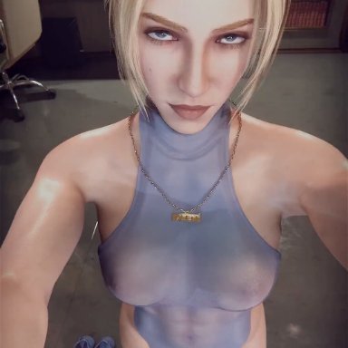 rainbow six siege, iq (rainbow six), trahao, 1girls, blonde hair, blue eyes, breasts, dress, female, female only, light skin, light-skinned female, medium breasts, nipples visible through clothing, no panties