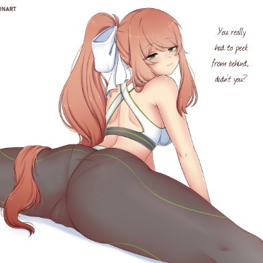 doki doki literature club, raionart, ass, behind view, big ass, black leggings, brown hair, emerald eyes, green eyes, leggings, long, long hair, looking at viewer, looking back, panties visible through clothing