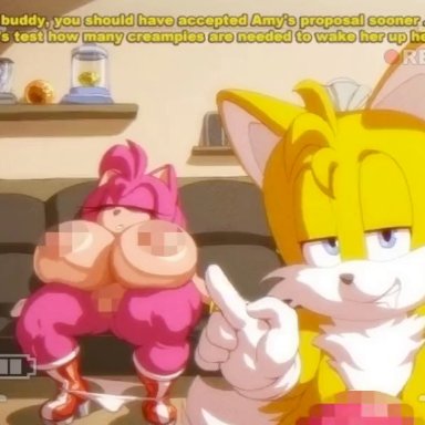 fumo plush, nintendo, sonic (series), sonic the hedgehog (series), amy rose, tails the fox, angelauxes, 1boy, 1girls, areolae, ass, balls, big ass, big breasts, big butt