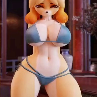 animal crossing, isabelle (animal crossing), dividebyzero, 1girls, anthro, big breasts, bikini, dancing, dog girl, furry, kemonomimi, phonk, thick thighs, 3d, animated