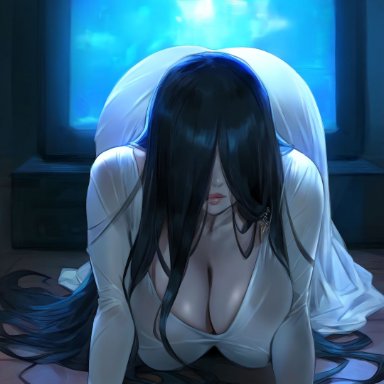 the ring, sadako yamamura, yamamura sadako, mikayori, 1girls, asian, asian female, black hair, cleavage, female, huge ass, long hair, looking at viewer, tv, tv screen