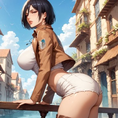 attack on titan, shingeki no kyojin, mikasa ackerman, alex-schura, 1girls, arched back, arm support, ass, bangs, black eyes, black hair, blue sky, boots, breasts, brown eyes