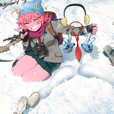 boku no hero academia, my deer friend nokotan, my hero academia, shikanoko nokonoko koshitantan, ashido mina, hagakure tooru, hagakure tooru (invisible), mina ashido, shikanoko noko, khyleri, 2girls, beanie, boots, comedic, ear muffs