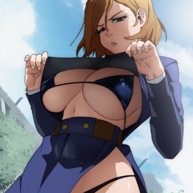 jujutsu kaisen, kugisaki nobara, inker comics, 1girls, bikini, black bikini, blue jacket, blue skirt, blue sky, breasts, brown eyes, brown hair, clothes lift, cloud, day