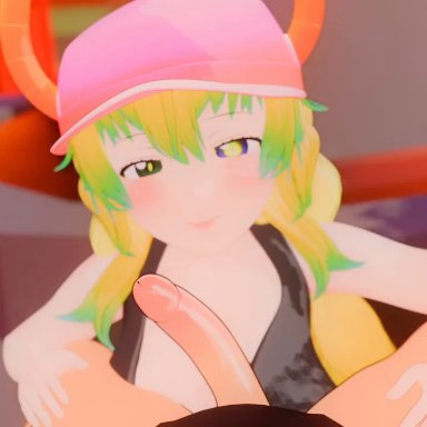 dragon maid, miss kobayashi's dragon maid, lucoa, infected heart, big breasts, black clothing, blush, boobjob, clothed, clothed female, cum, hat, kneeling, light skin, light skinned female