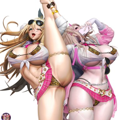 goddess of victory: nikke, last origin, rupee (nikke), viper (nikke), 2girls, animal print, anom3dsculptor, belt, bikini, blonde hair, breasts, collar, eyewear on head, gyaru, holding