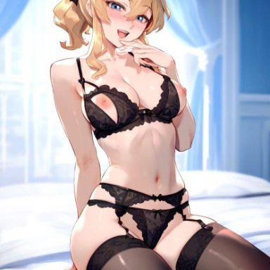 genshin impact, jean gunnhildr, dclp, 1girls, bedroom, garter belt, garter straps, kneeling, lace-trimmed bra, lace-trimmed panties, lingerie, on bed, smile, thighhighs, ai generated