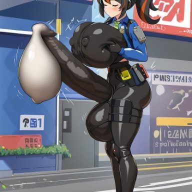 zenless zone zero, zhu yuan, gvukub, 1futa, ass, belt, black gloves, black hair, black pants, blue footwear, blue jacket, blue shoes, blue sneakers, bodysuit, breasts