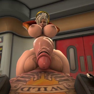 overwatch, mercy, roadhog, bittercoleslaw, 1boy, 1futa, bouncing breasts, cowgirl position, cum, cumflation, futanari, huge cock, hung bottom, hyper breasts, hyper penis