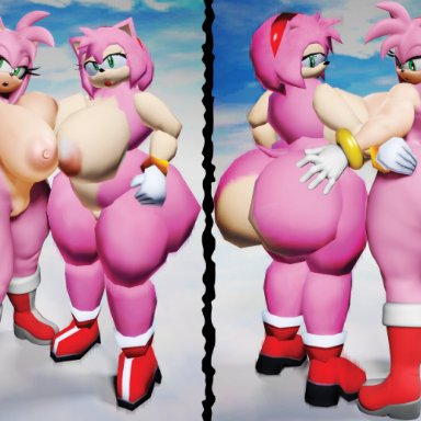 sega, sonic (series), sonic adventure, sonic the hedgehog (series), amy rose, vulkyasha, :o, 2females, 2girls, anthro, ass, beach, big ass, big breasts, big butt