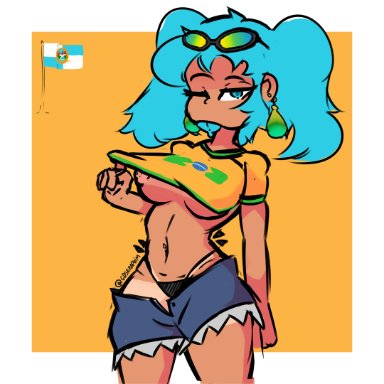 vocaloid, brazilian miku, hatsune miku, gdseraphim, big breasts, blue hair, brazilian, brazilian flag, dark-skinned female, exposed breasts, female, glasses on head, no bra, partially clothed, rio de janeiro