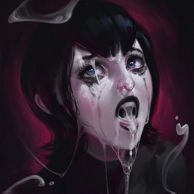 hotel transylvania, mavis dracula, sabudenego, 1girls, after fellatio, black hair, black lipstick, blue eyes, cum, cum covered, cum in mouth, cum on face, cumdrip, facial, female