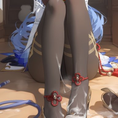 genshin impact, ganyu (genshin impact), miurai, big breasts, blue hair, bodysuit, cum, cum on feet, cum on shoes, foot fetish, fully clothed, shoes, solo female, ai generated