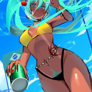 vocaloid, brazilian miku, hatsune miku, :3, 1girls, beach, bikini, blue eyes, blue hair, brazilian, brazilian female, brazilian flag, brazilian flag bikini, choker, colored pubic hair