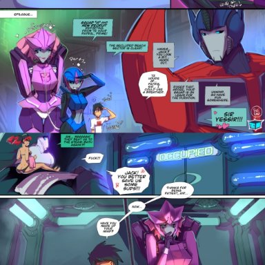 transformers, transformers prime, airachnid, arcee, autobot, jack darby, fred perry, 1boy, 2girls, threesome, vagina, vaginal penetration, vaginal sex, comic