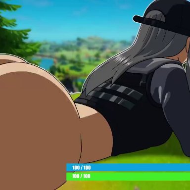 epic games, fortnite, fortnite: battle royale, bigboi (vampiranhya), chigusa (fortnite), offscreen male, divine wine, vampiranhya (artist), 1boy1girl, baseball cap, big ass, bubble butt, gray hair, grey hair, gun