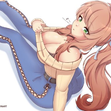 doki doki literature club, raionart, black bra, bra, brown hair, cheeky, emerald eyes, flashing, green eyes, hair, hair ornament, hair ribbon, lifting shirt, long hair, nipple