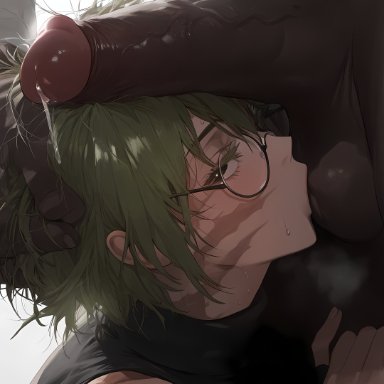 jujutsu kaisen, zenin maki, asian female, dark-skinned male, glasses, green hair, interracial, light-skinned female, oral sex, scars, short hair, sucking balls, ai generated