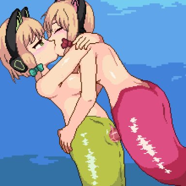 blue archive, midori (blue archive), momoi (blue archive), gomadare (310329), 1futa, 1girls, blonde hair, blush, bodily fluids, breasts, cat ear headphones, cat ears hairband, closed eyes, duo, erection