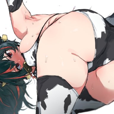 zenless zone zero, zhu yuan, qralto, animal print, armpits, arms up, ass, bent over, bikini, black hair, blush, cameltoe, cow print, cow print bikini, cow print thighhighs