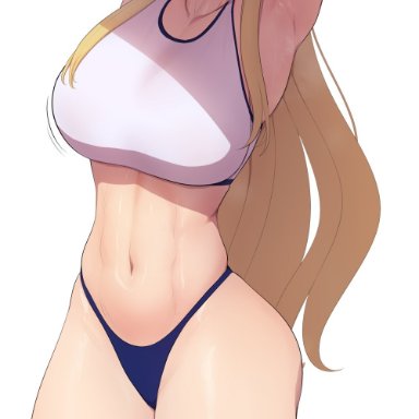 fate (series), fate/stay night, artoria pendragon, artoria pendragon (fate), artoria pendragon (lancer), lvl (sentrythe2310), blonde hair, breasts, curvy female, curvy figure, gym uniform, milf, older, stretching, thick