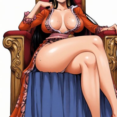 one piece, boa hancock, yashin, big breasts, earrings, exotic, female, female only, heels, large breasts, long hair, sweating, thighs, ai generated, ai hands