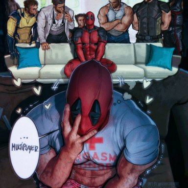 deadpool &amp; wolverine (2024), marvel, marvel comics, x-men, deadpool, james howlett, wade wilson, wolverine (x-men), umikochannart, abs, bara, crop top, hand on face, imagining, male