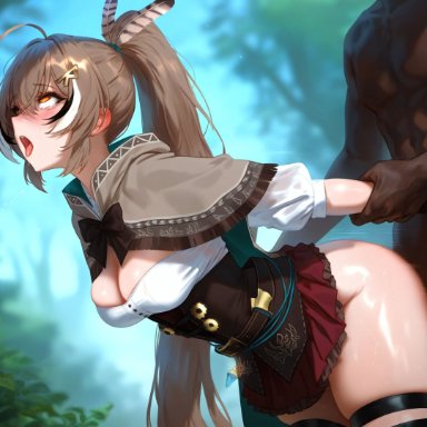 hololive, hololive english, hololive english -council-, nanashi mumei, mirham, 1boy, 1girls, ass, big butt, black male, blush, brown hair, dark-skinned male, female, forrest