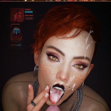 cyberpunk 2077, cyberpunk 2077: phantom liberty, aurore cassel, fugtrup, 1boy, 1girls, areolae, black lipstick, breasts, cum, cum in mouth, cum on face, cum on tongue, erection, facial