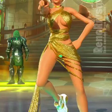 fortnite, aphrodite (fortnite), doctor doom, victor von doom, boredcrow24, devink, renorivsan, 1girls, bikini, clothed, clothing, dance, dancing, dark skin, dark-skinned female