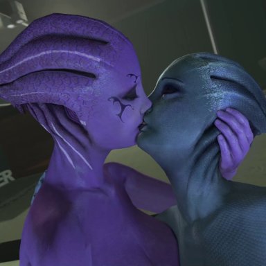 mass effect, asari, commander shepard, femshep, hagisher, 3girls, alien, alien girl, blue skin, breasts, female, female only, female pred, female prey, giantess