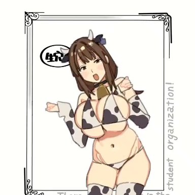 seitokai nimo anawa aru!, kotobuki minami, imamura ryou, bell, bell collar, bikini, bouncing breasts, brown hair, cow girl, cow girl outfit, cow horns, cow print, cow print bikini, dancing, huge breasts