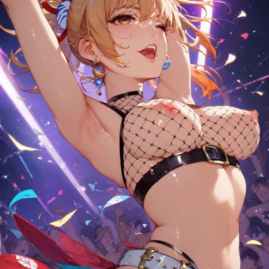 genshin impact, yoimiya (genshin impact), ministro, arms up, bangs, belt, blush, breasts, choker, crowd, earrings, female, fishnet top, fishnets, hair