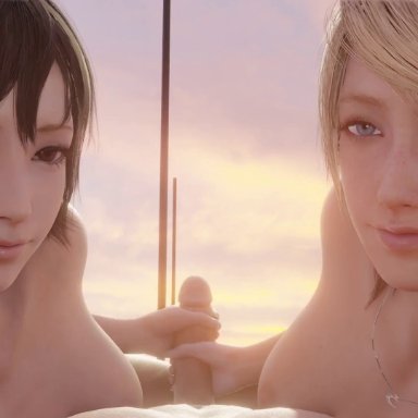 final fantasy, final fantasy xv, iris amicitia, lunafreya nox fleuret, lazyprocrastinator, 1boy, 2girls, choker, erection, ffm threesome, handjob, looking at viewer, nude, outdoors, penis