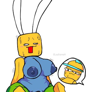 roblox, noob, robloxian, loudnormal4, 1boy, 1boy1girl, 1girl1boy, 1girls, blush, bunny ears, chubby, chubby female, duo, female, large breasts