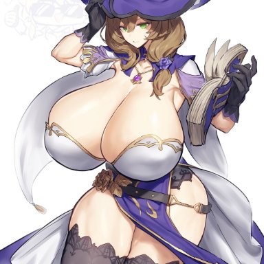 genshin impact, lisa (genshin impact), melon22, book, breast expansion, female only, gigantic thighs, grimoire, hand on hat, holding object, hourglass figure, hyper breasts, hyper thighs, revealing clothes, shades