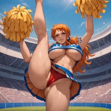 one piece, nami, nami (one piece), alex-schura, 1girls, areola slip, armpits, ass, bangs, blue skirt, blue sky, blush, bow, bow panties, breasts