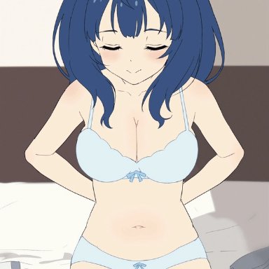 make heroine ga oo sugiru!, yanami anna, sincos, ahoge, bare arms, bare belly, bare legs, bare shoulders, bare thighs, bed, bed sheet, belly button, big breasts, blue bra, blue eyes