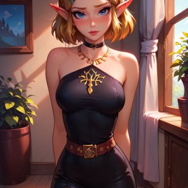 breath of the wild, nintendo, tears of the kingdom, the legend of zelda, princess zelda, zelda (tears of the kingdom), sarahvividart, 1girls, black dress, blonde hair, blue eyes, blush, blushed, clothed, cowboy shot