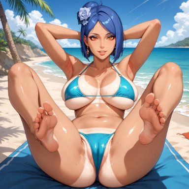 boruto: naruto next generations, naruto, naruto shippuden, konan, alex-schura, 1girls, armpits, arms behind head, ass, bangs, bare shoulders, barefoot, beach, bikini, blue bikini