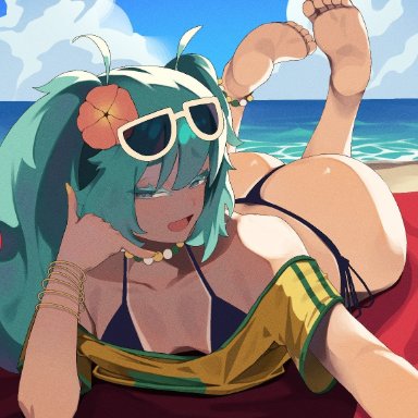 vocaloid, brazilian miku, hatsune miku, 1girls, ass, beach, big ass, big thighs, bikini, breasts, butt, cyan eyes, cyan hair, female, female only