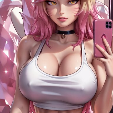 k/da all out series, k/da series, league of legends, riot games, ahri, k/da ahri, vastaya, sky4maleja, bare shoulders, big breasts, breasts, cellphone, choker, cleavage, covered nipples