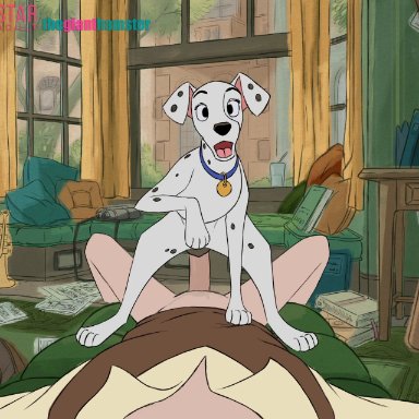 101 dalmatians, disney, perdita, roger radcliffe, the giant hamster, 1boy1girl, animal genitalia, animal pussy, assertive female, assertive feral, balls deep, bestiality, bodily fluids, canid, canine