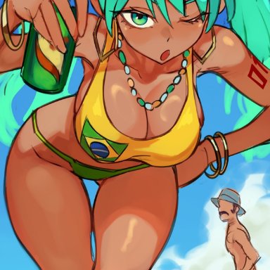 el chavo (series), vocaloid, brazilian miku, don ramon, hatsune miku, ribosoma 42, 1boy, 1girls, ass, beach, big ass, big breasts, big thighs, bikini, breasts