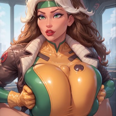 marvel, marvel comics, x-men, anna marie, rogue (x-men), minomixai, 1boy, 1boy1girl, 1girl1boy, 1girls, areolae, bangs, bodysuit, boobjob, breast squeeze