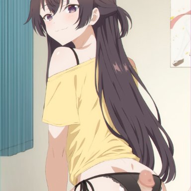 kuze masachika, suou yuki, seasonanimes, :3, 1boy, ass, black panties, cowgirl position, erection, female, from behind, indoors, naughty face, off shoulder, off-shoulder shirt