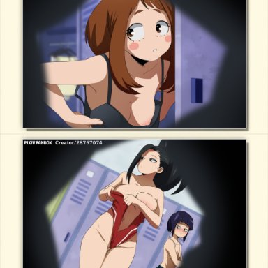 boku no hero academia, my hero academia, jirou kyouka, kyoka jiro, mina ashido, momo yaoyorozu, mount lady, ochaco uraraka, tsuyu asui, felipe godoy, accidental exposure, changing clothes, changing room, female, female only